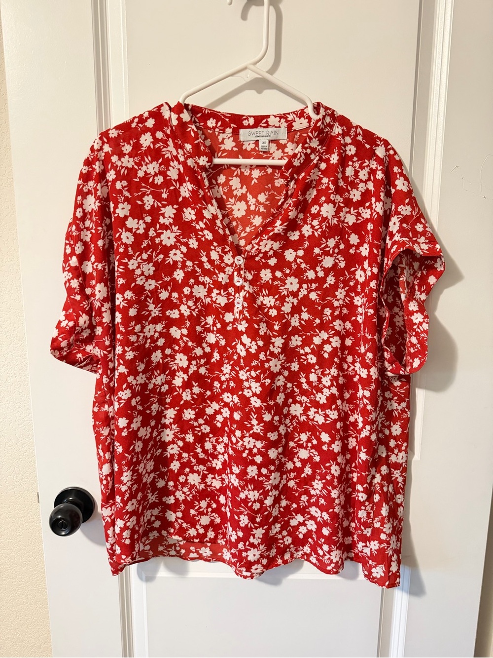 Sweet Rain Red and White Floral Henley Blouse